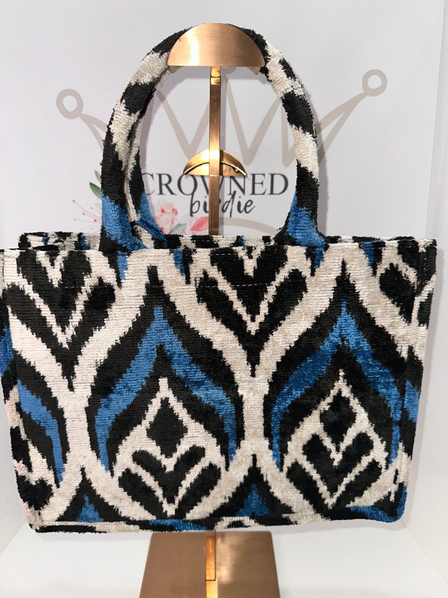 Blue, Black and White Medium Ikat Tote